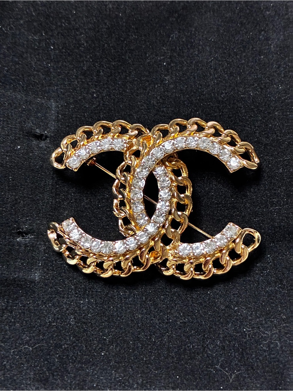 Double C Logo Brooch Gold-Tone Chain with Crystal Accents